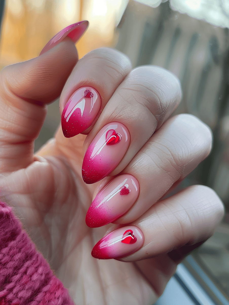 Pink ombre nails with tiny red hearts