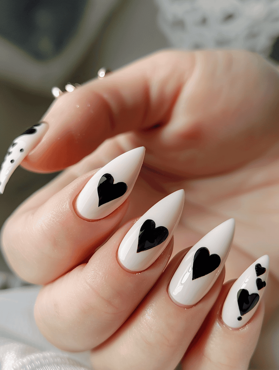 Almond milk nails with bold black hearts