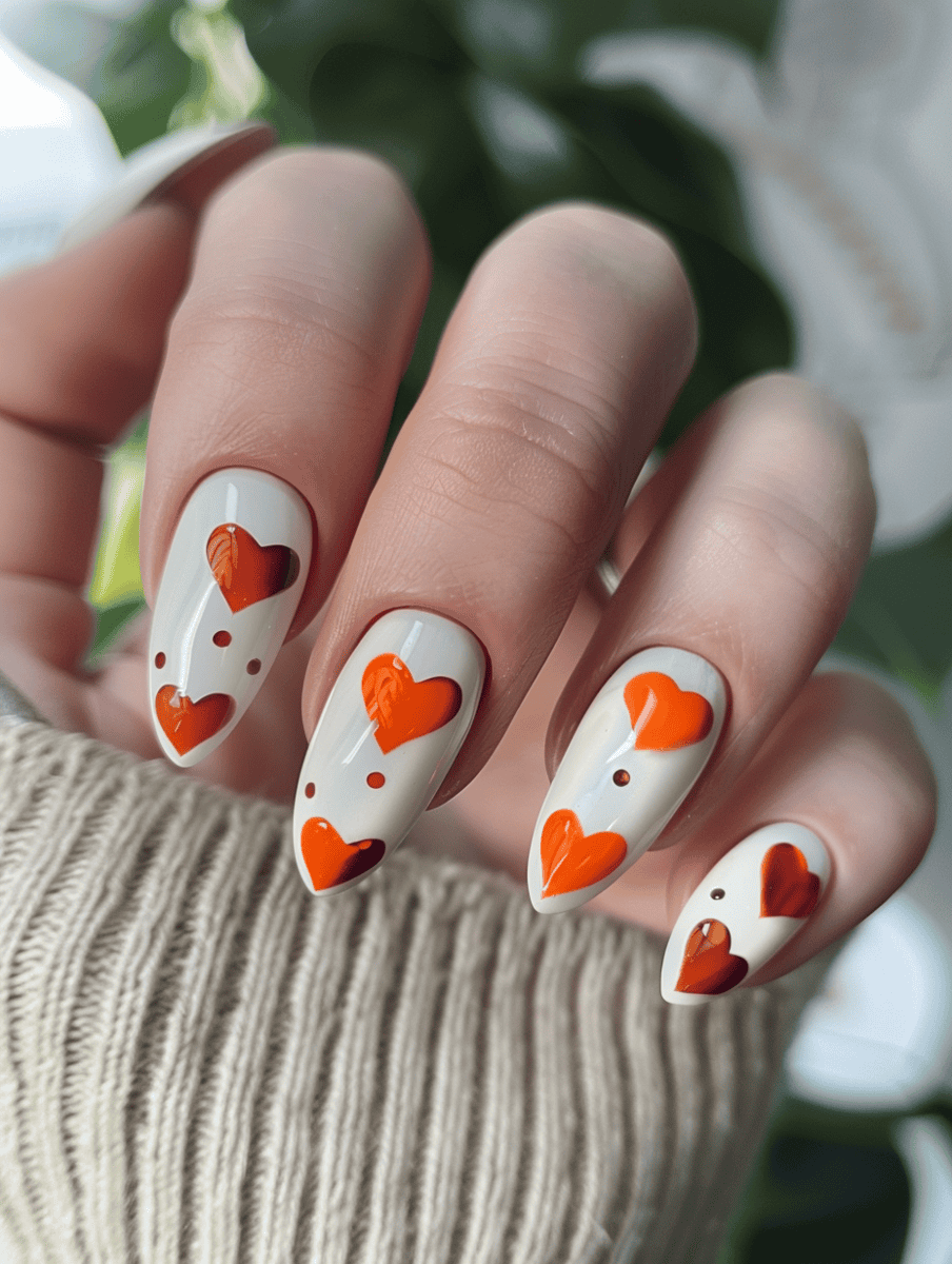 Cream nails with fiery orange hearts