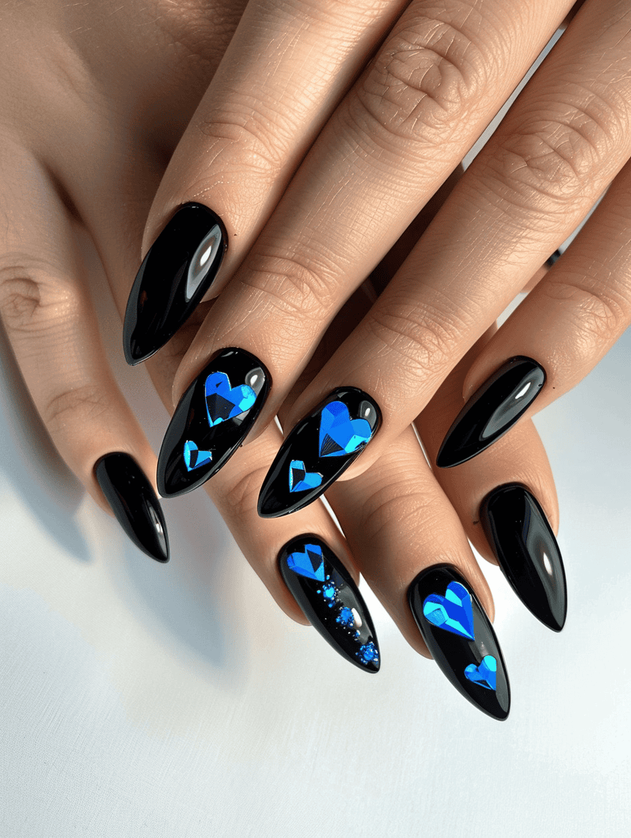 Glossy black nails with crystal blue hearts