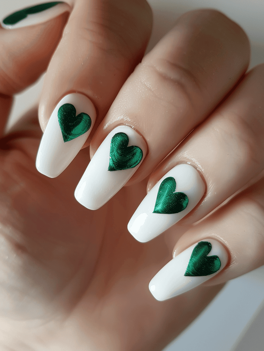 Glossy white nails with emerald green hearts