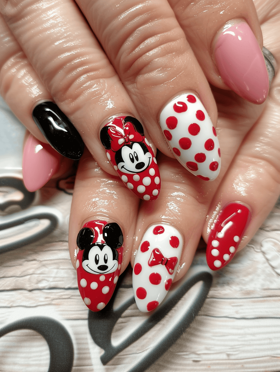Mickey Mouse nail art with red bow and black polka dots