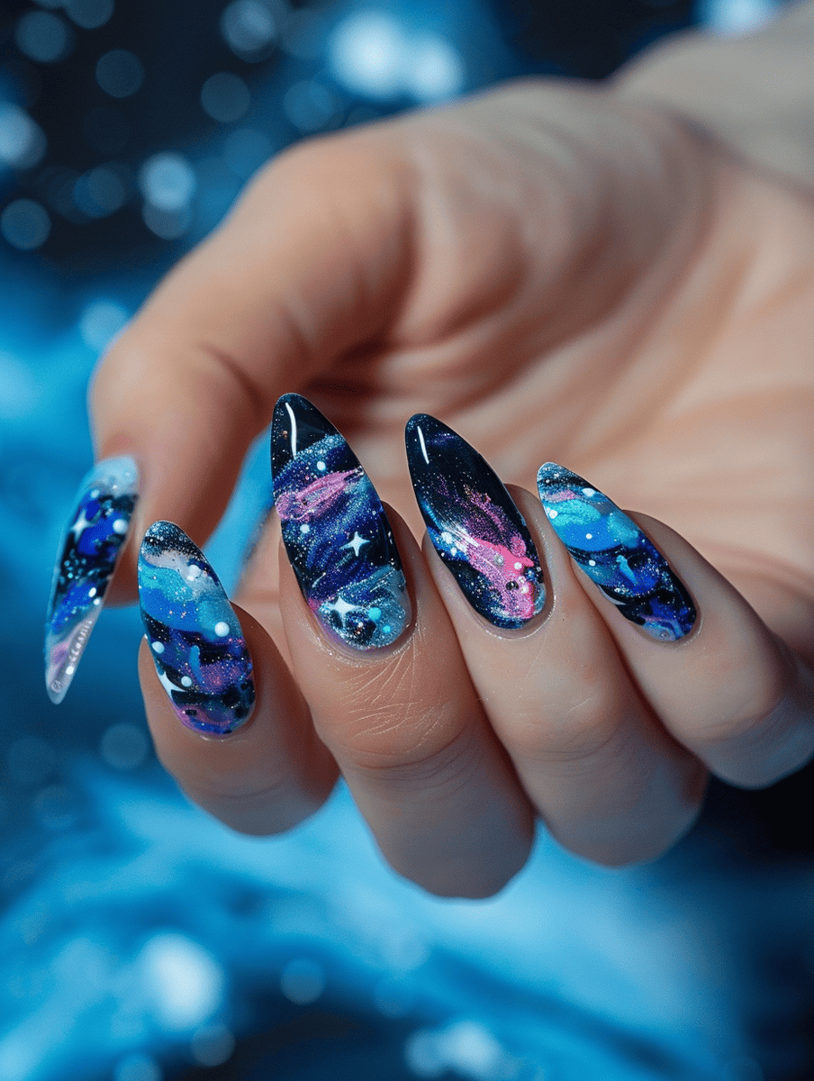 abstract nail art with cosmic blue and purple swirls