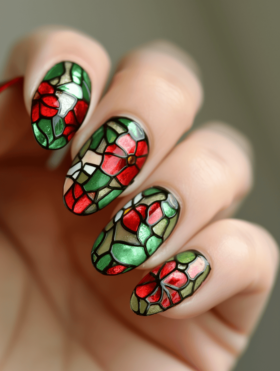 stained glass nail art. Floral pattern with reds and greens

