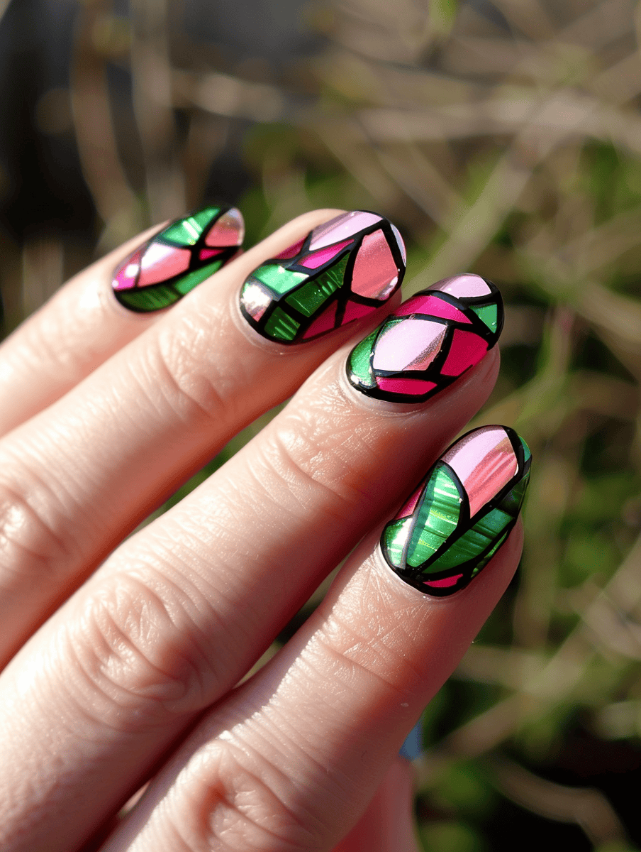 stained glass nail art. Abstract pattern with pink and green