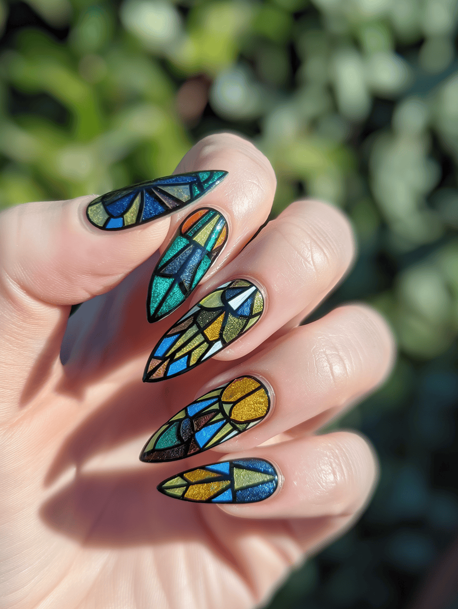 
stained glass nail art. Cathedral window design with green, blues and yellows