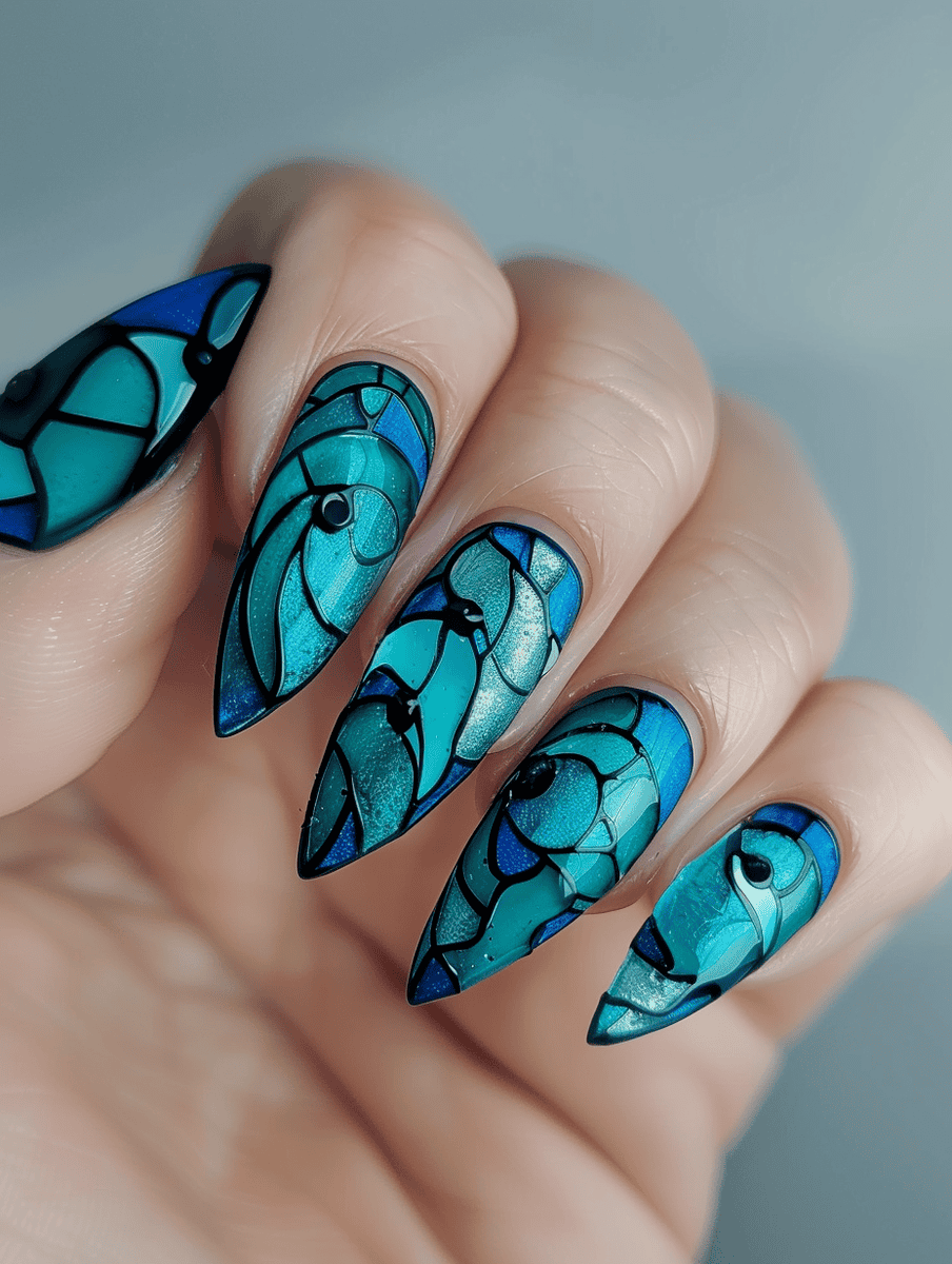 stained glass nail art. Ocean wave design with blues and turquoise