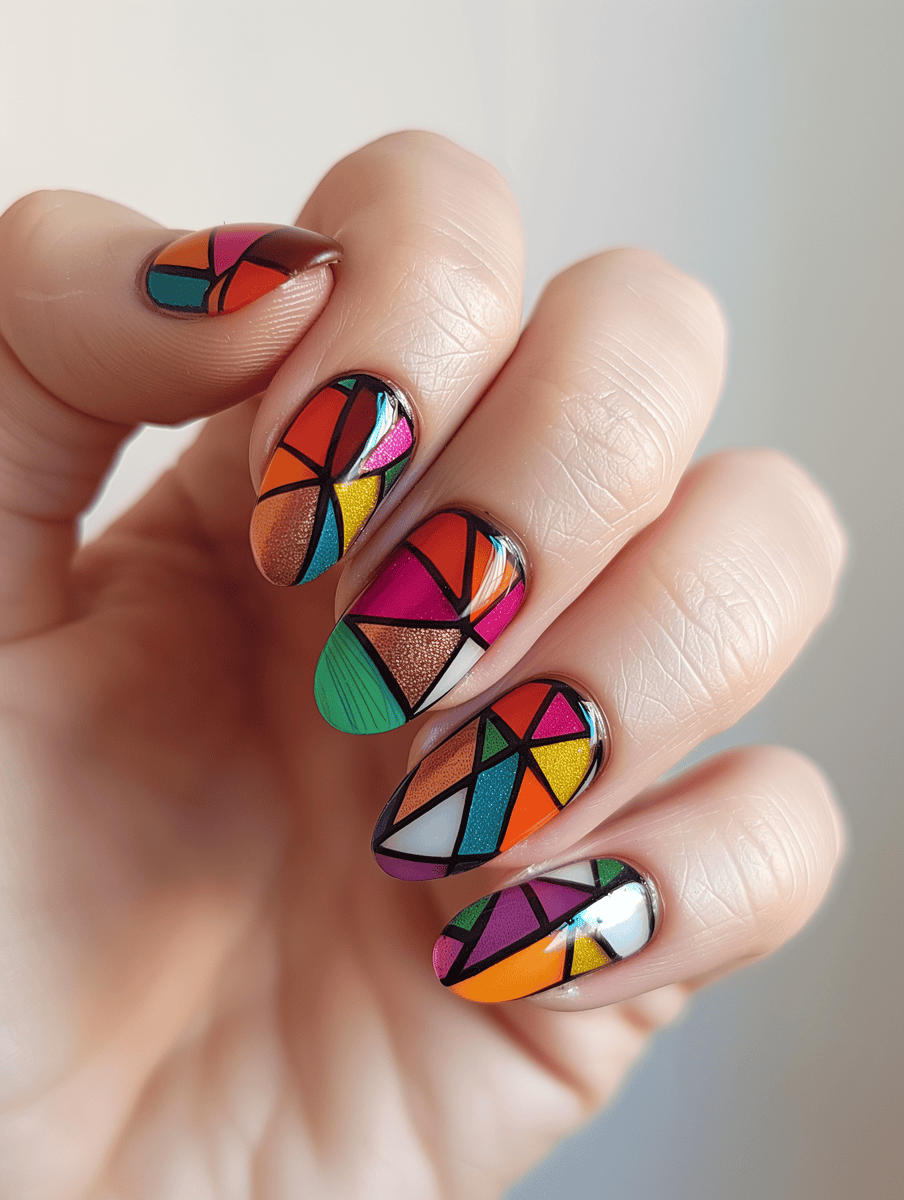 stained glass nail art. Geometric design with multicolor