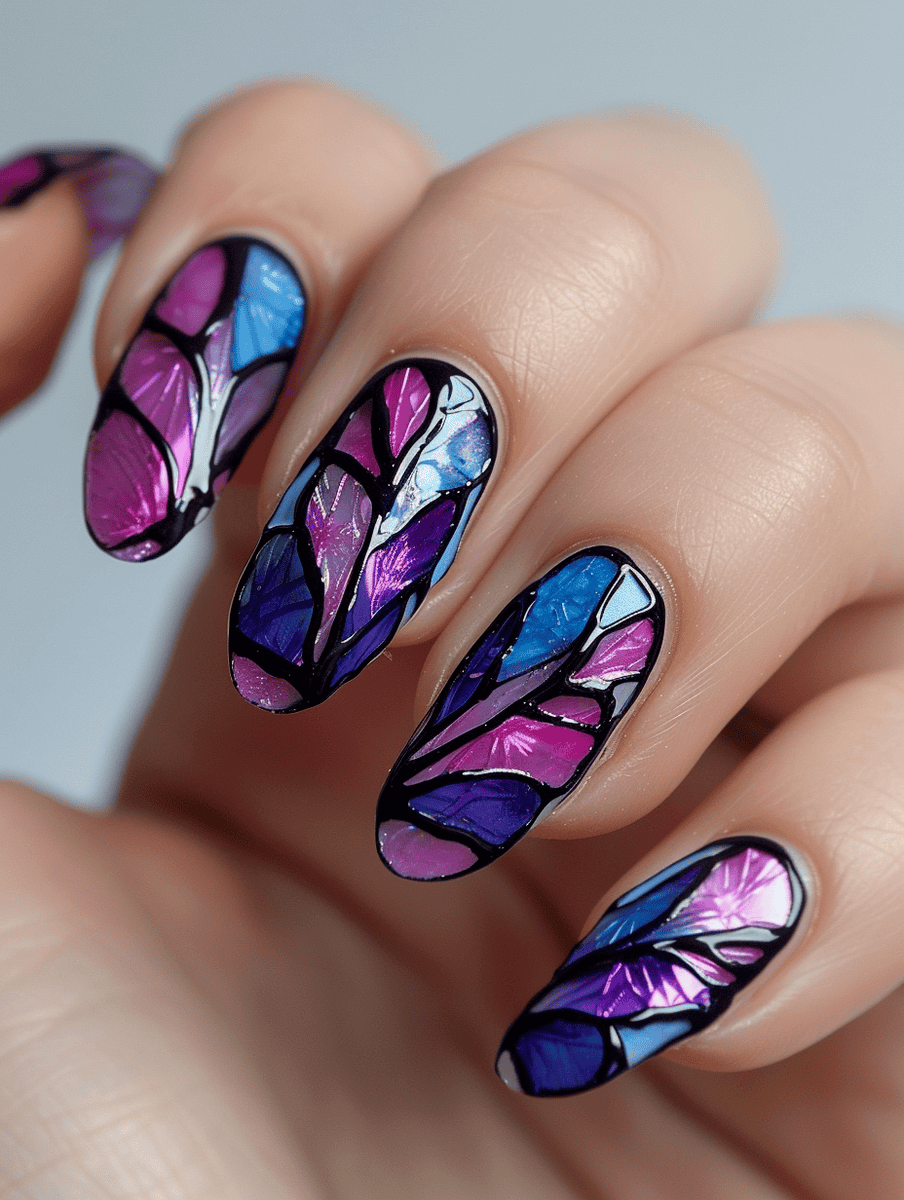 stained glass nail art. Butterfly wing design with purple and blue