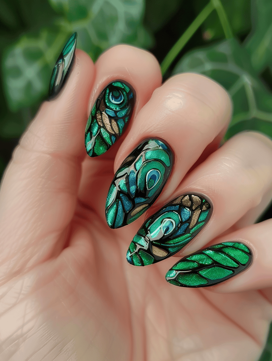 stained glass nail art. Peacock feather design with greens and blues