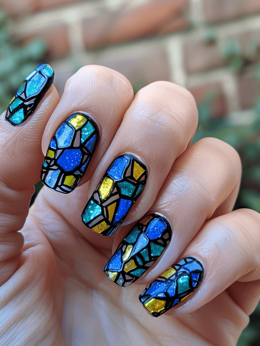 stained glass nail art. Starry night design with blues and yellows