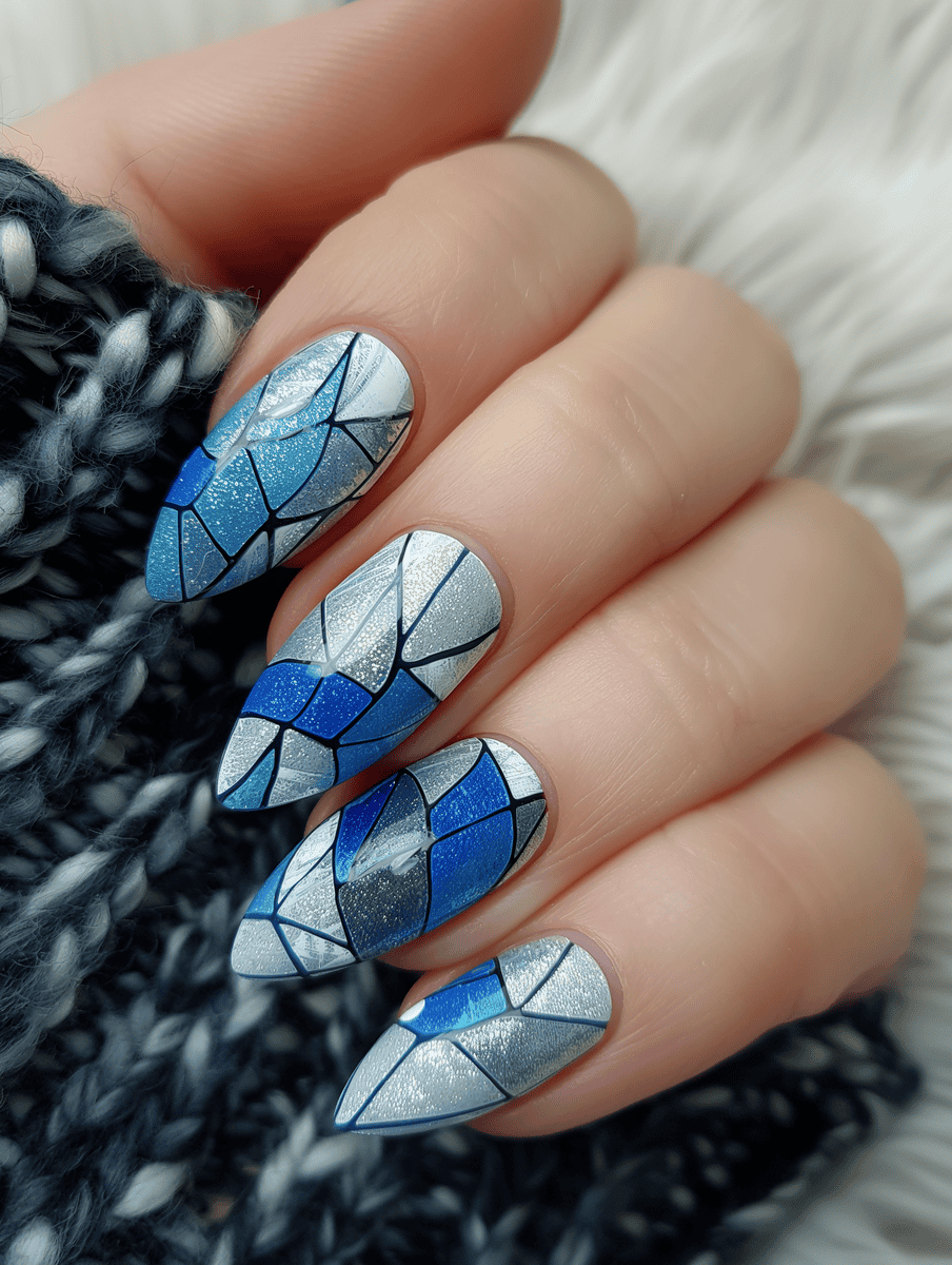 stained glass nail art. Winter frost design with icy blues and whites