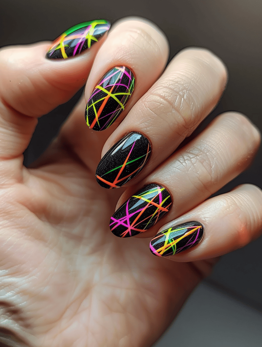 abstract nail art with neon lines on dark base