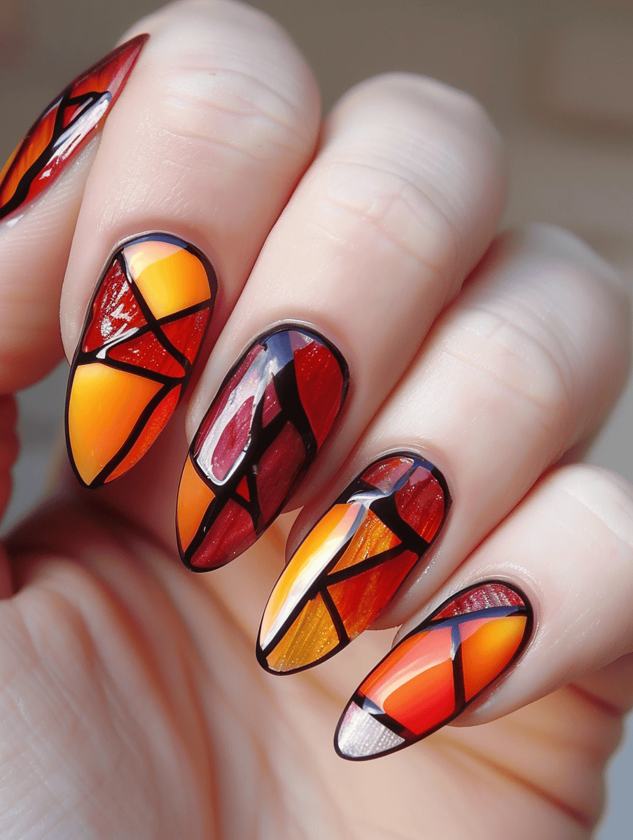 stained glass nail art. Sunset design with oranges and reds