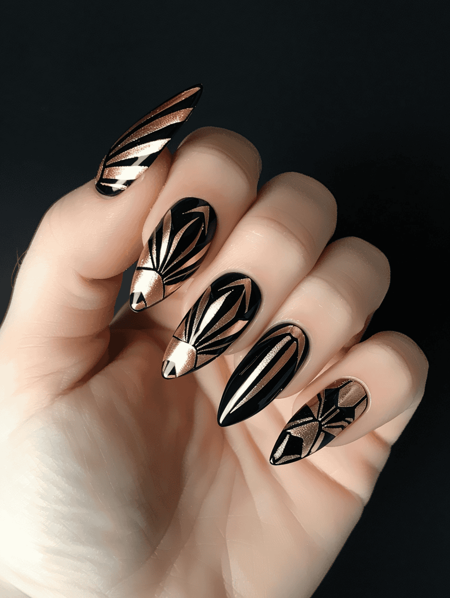 stained glass nail art. Art Deco pattern with black and gold