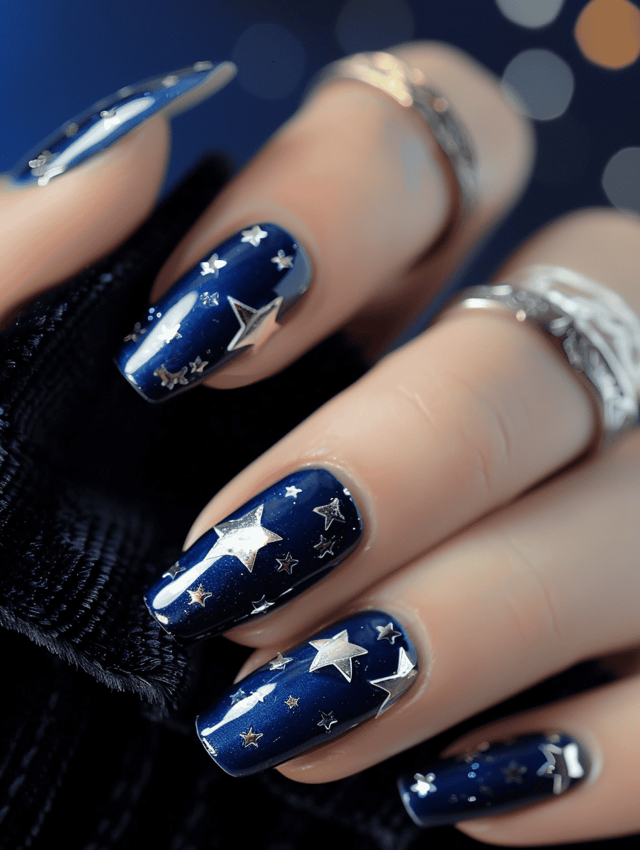 Midnight blue nails with silver star charms