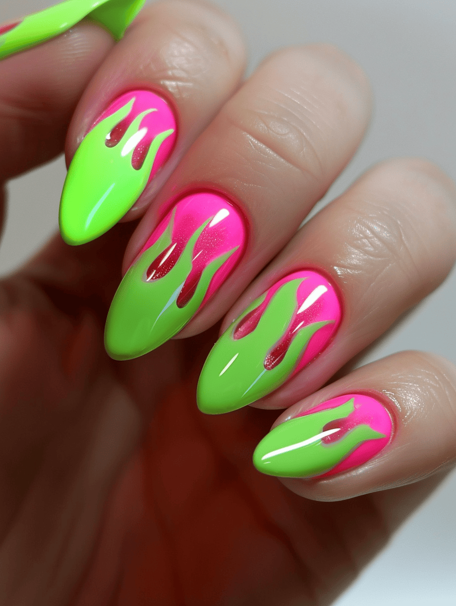 Pink flames on neon green nails