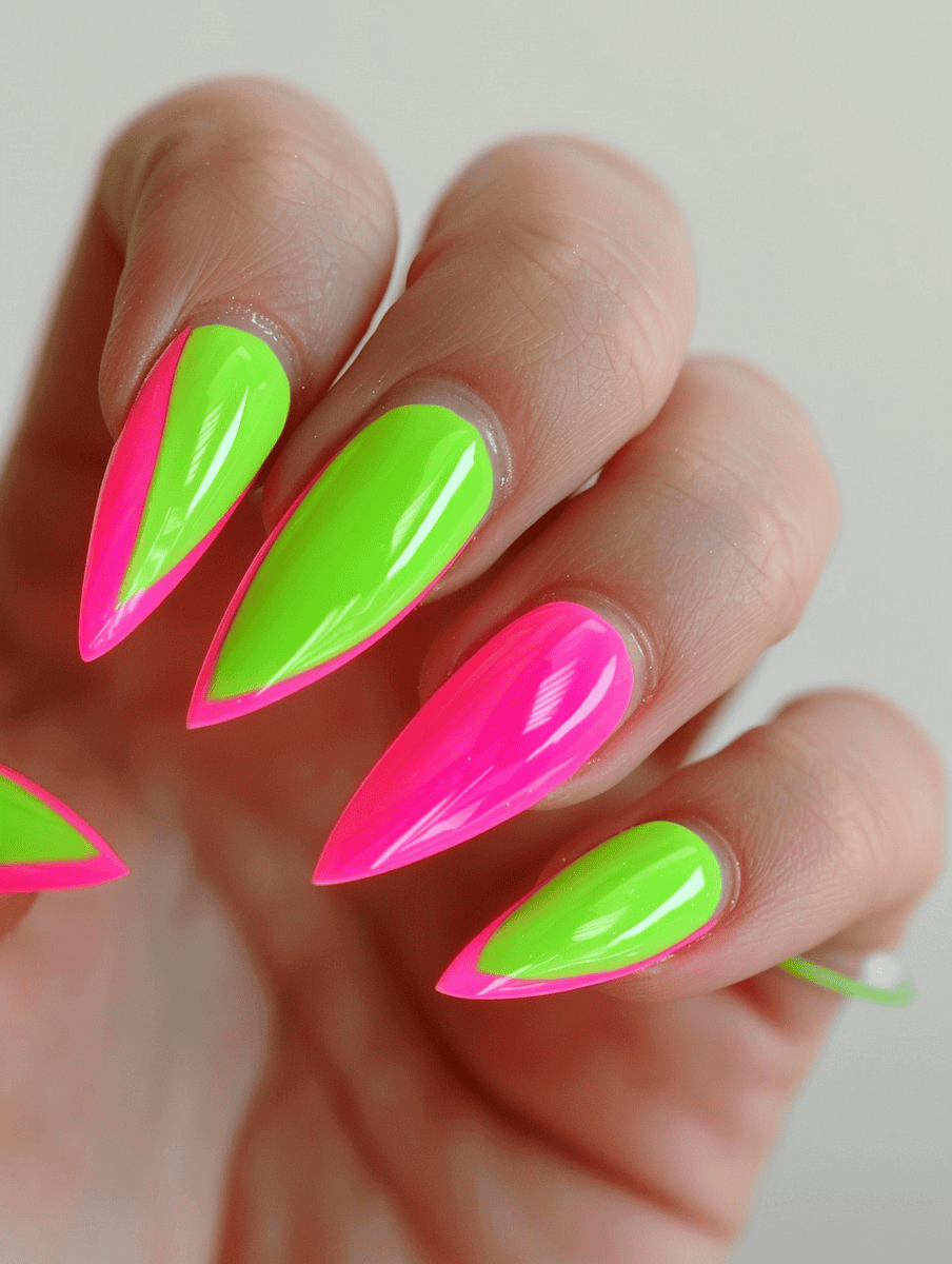 Pink and green neon french tips