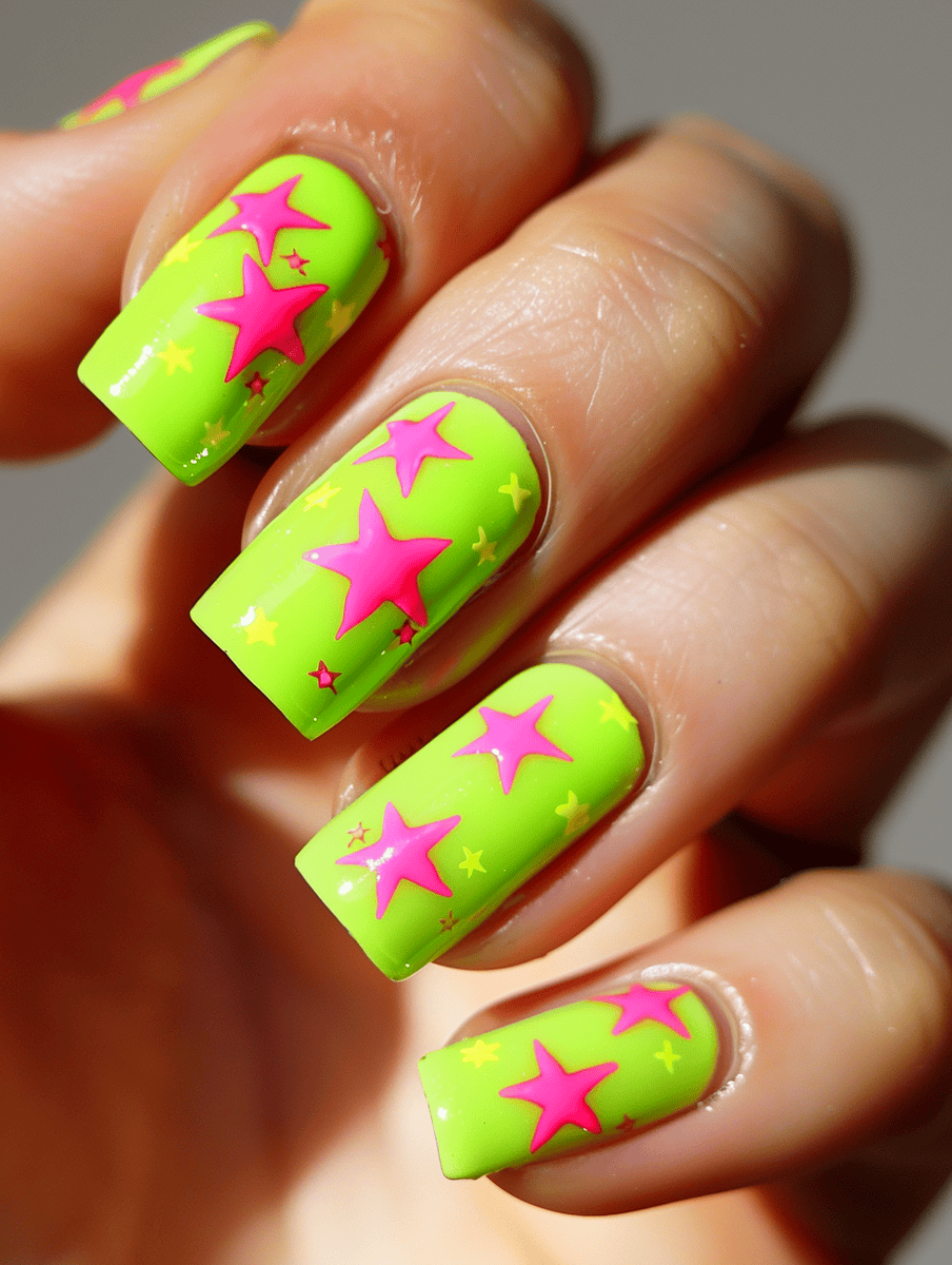 Neon green base with pink stars