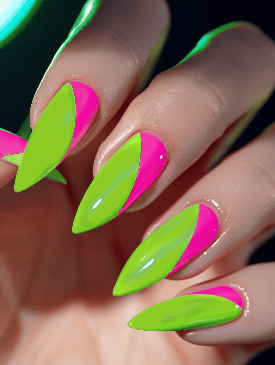 Simple neon green and pink diagonal nails