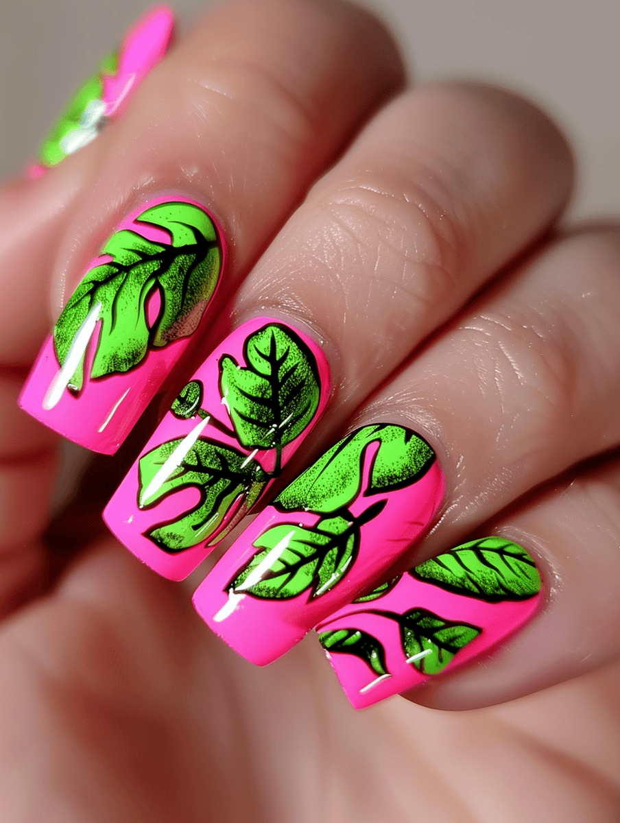 Pink nails with neon green leaf patterns
