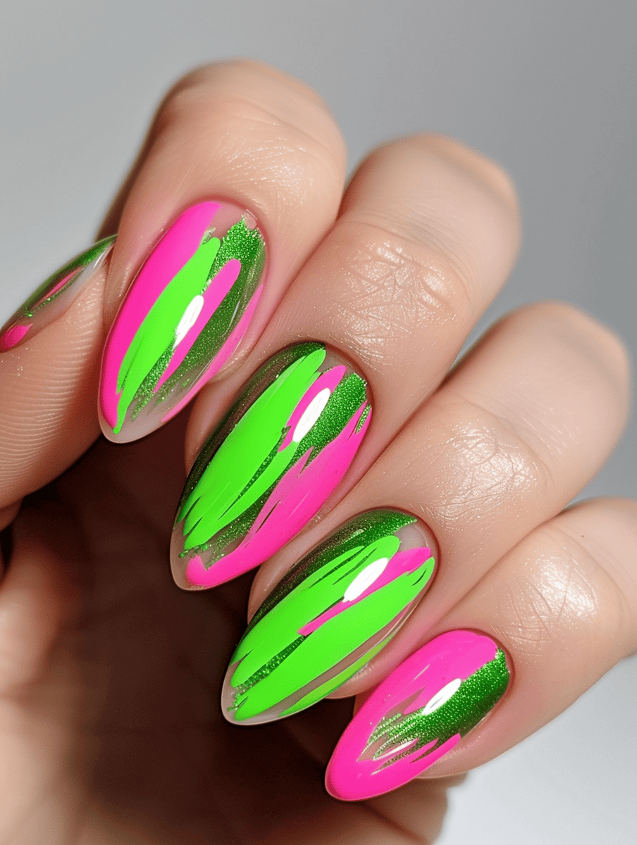 Neon pink nails with dark green glitter and neon green strokes