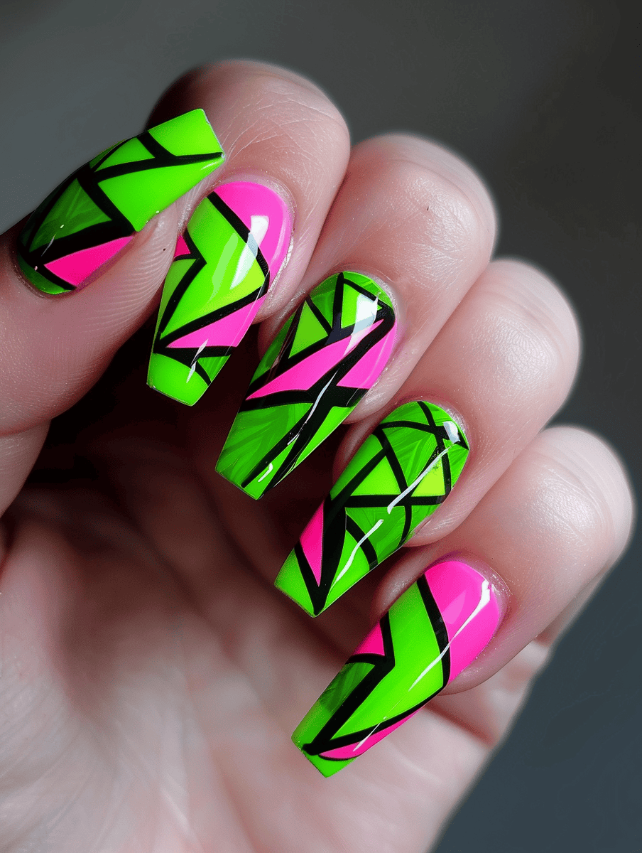 Neon green and pink geometric patterns