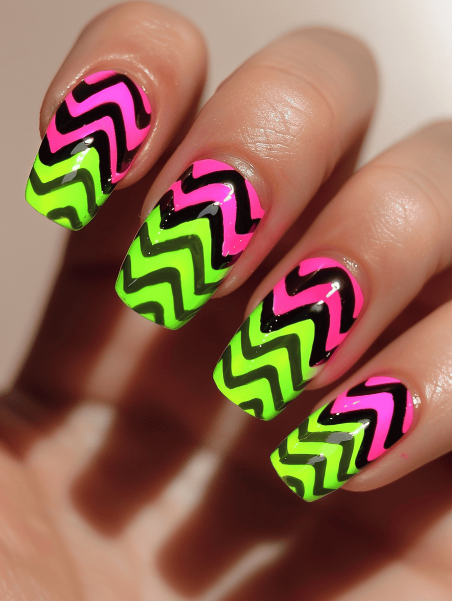 Neon pink and green nails with zigzag patterns and black outline