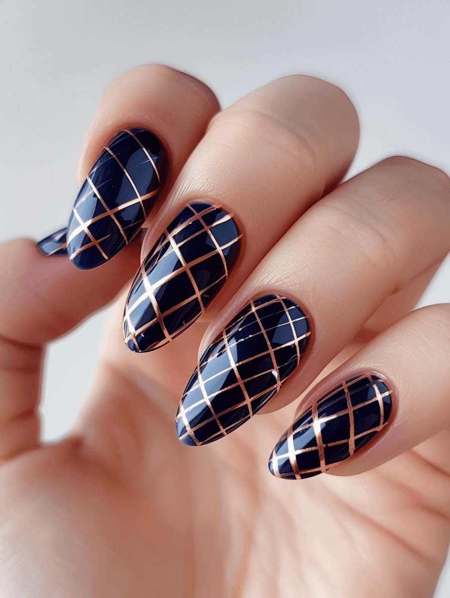 Navy nails with rose gold checkered pattern