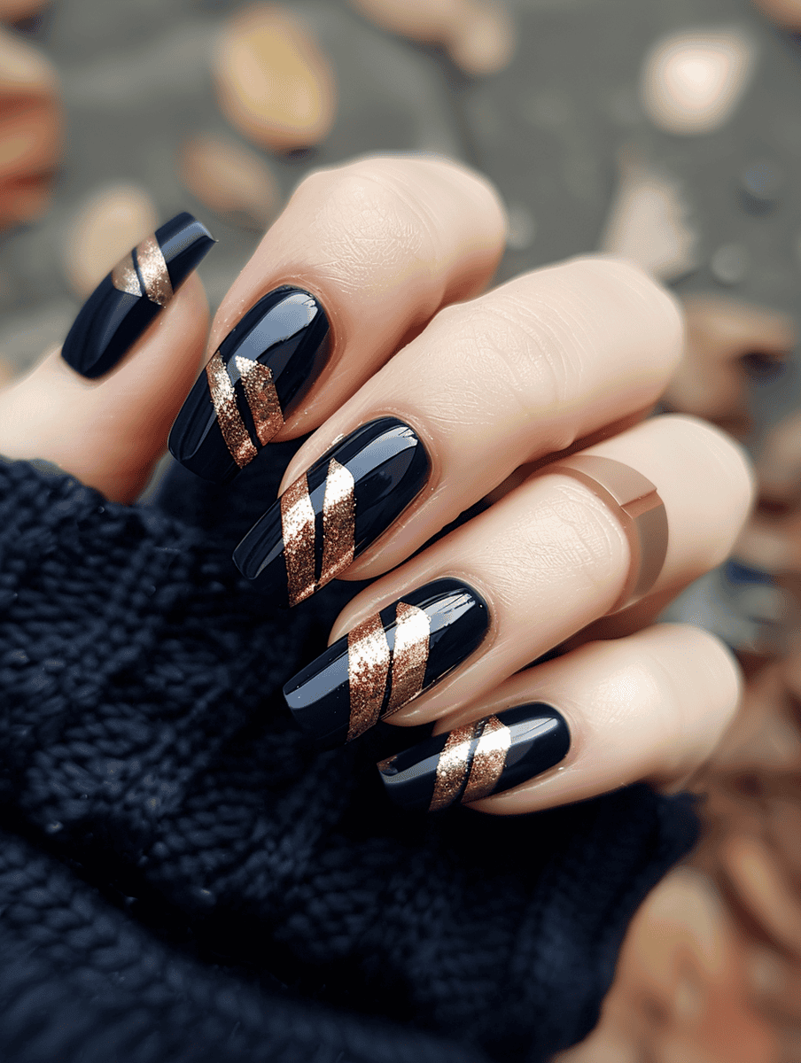 Navy nails with rose gold diagonal lines