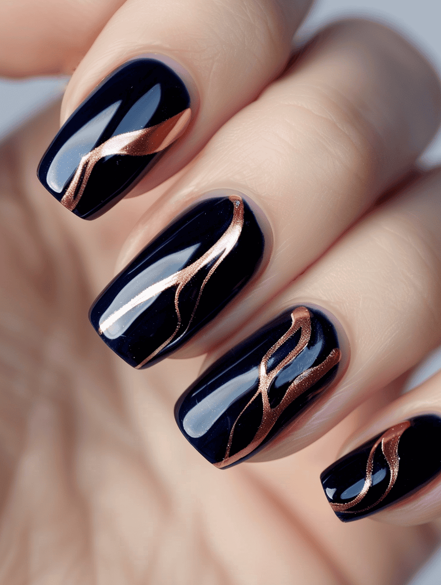 Glossy Navy with elegant rose gold swirling lines