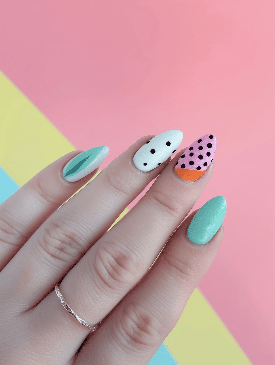 abstract nail art with polka dots and pastels