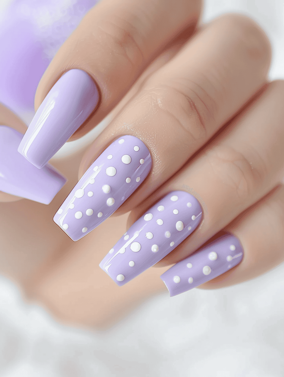 high-gloss nail art. lavender with white dots
