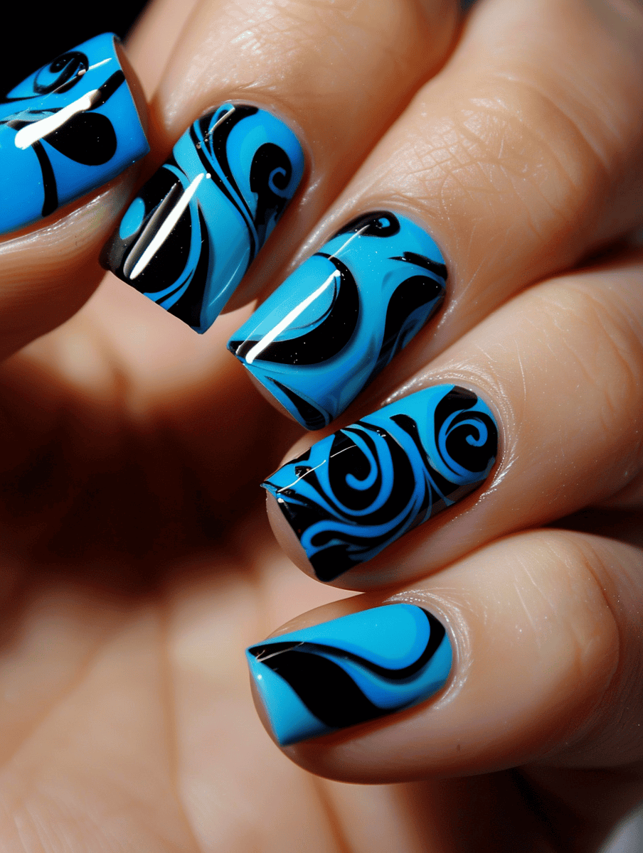 high-gloss nail art. electric blue with black swirls