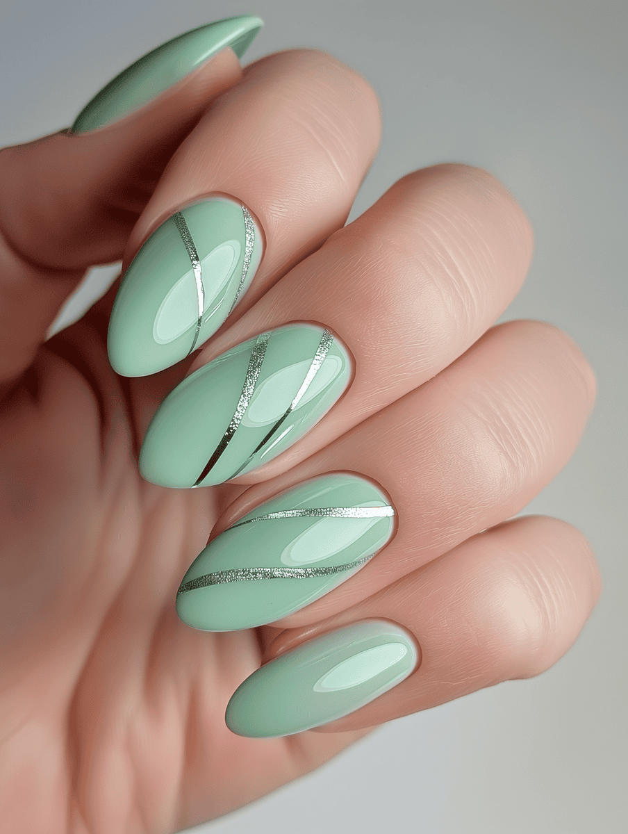 high-gloss nail art. mint green with silver lines