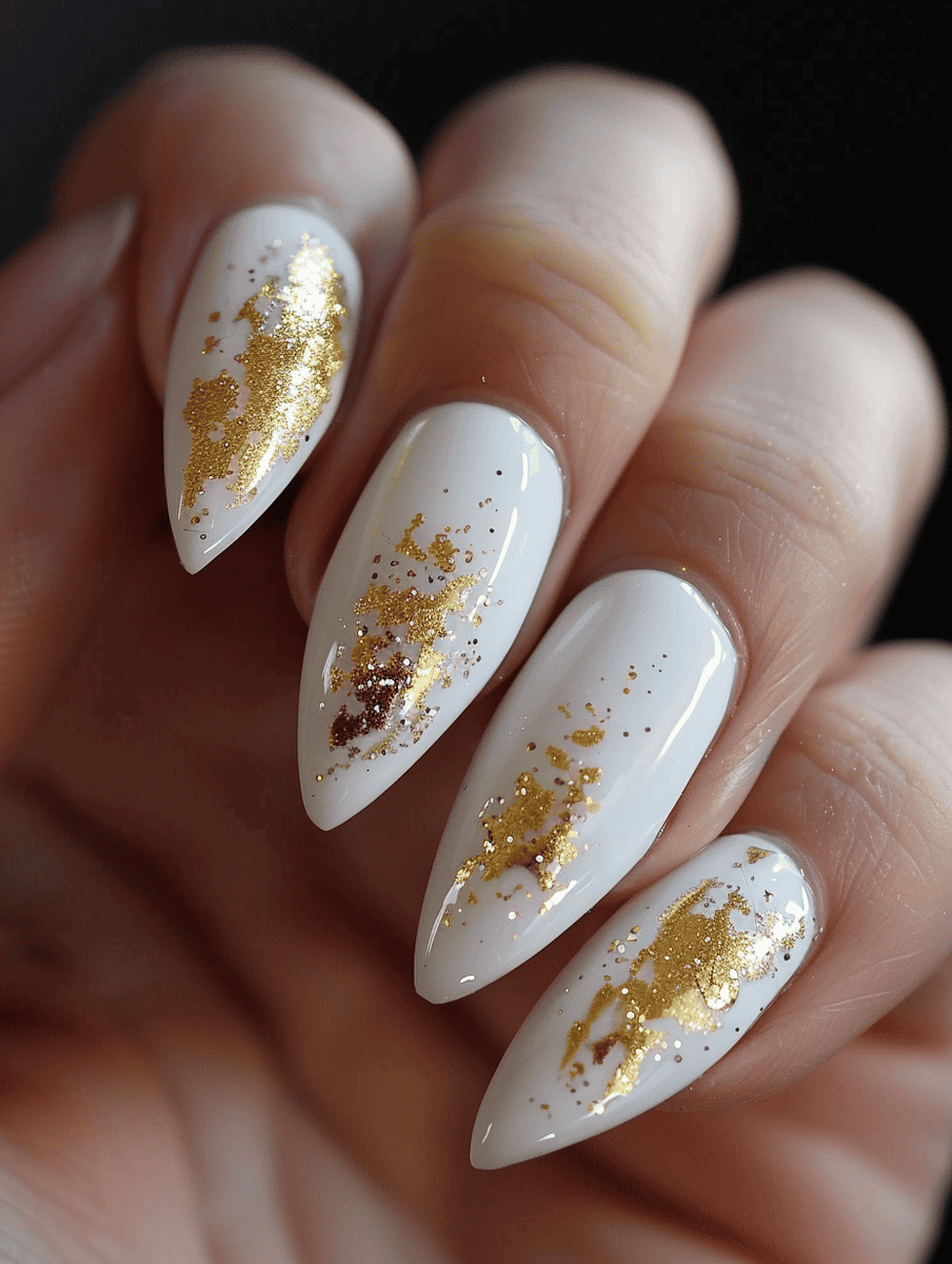 high-gloss nail art. white with gold glitter