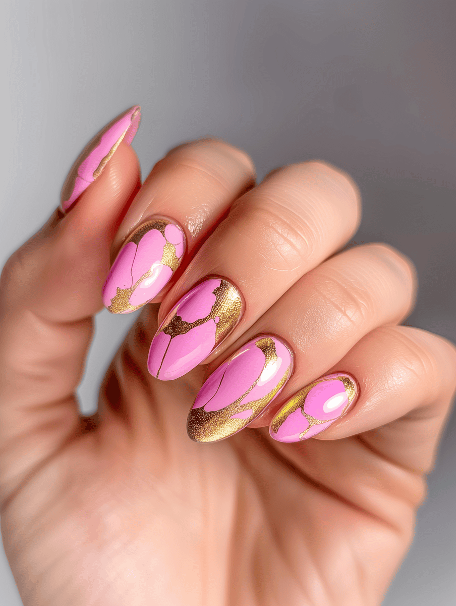 high-gloss nail art. pink with gold foil