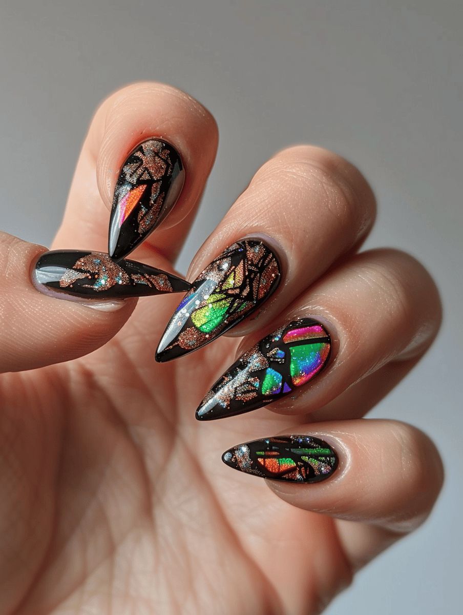 abstract nail art with holographic highlights