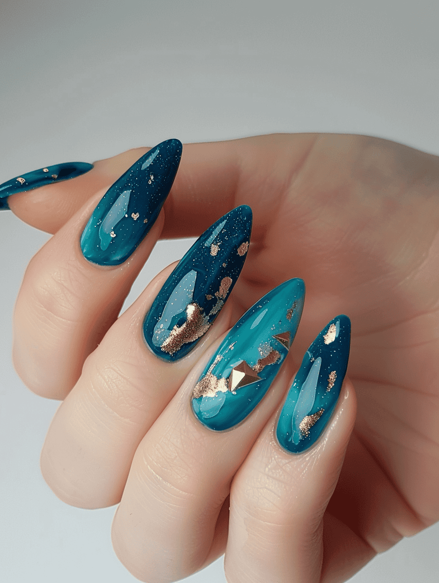 high-gloss nail art. ocean blue with golden specks