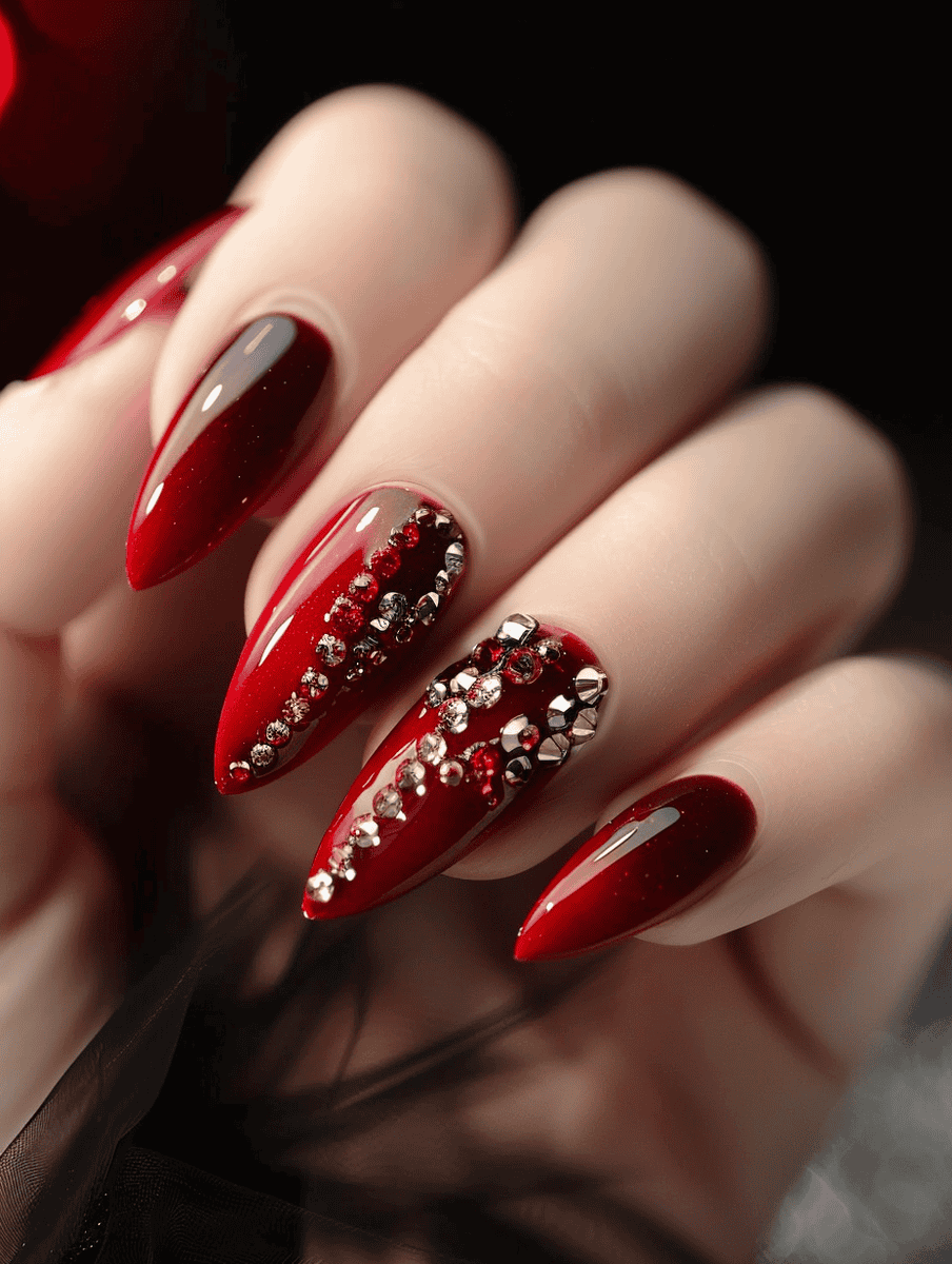 high-gloss nail art. cherry red with crystals