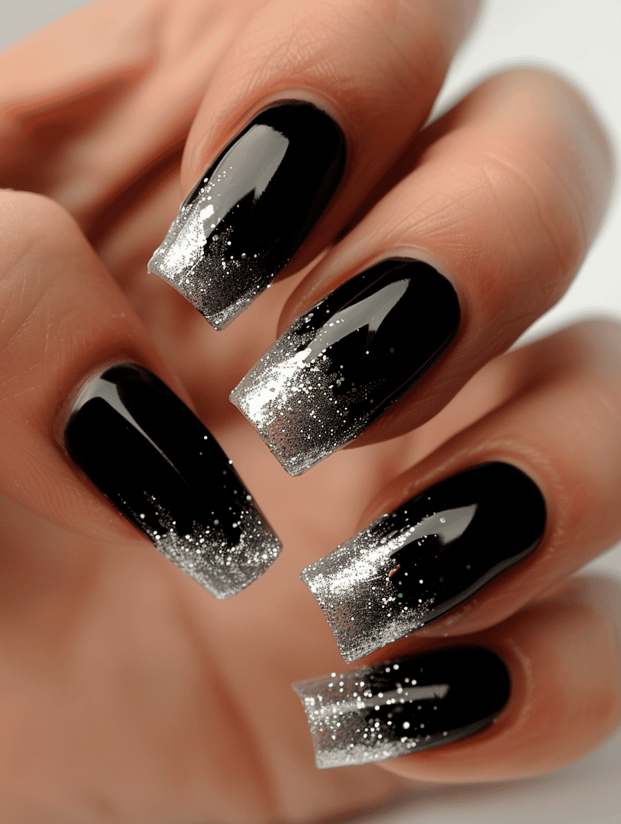 high-gloss nail art. black with silver glitter tips
