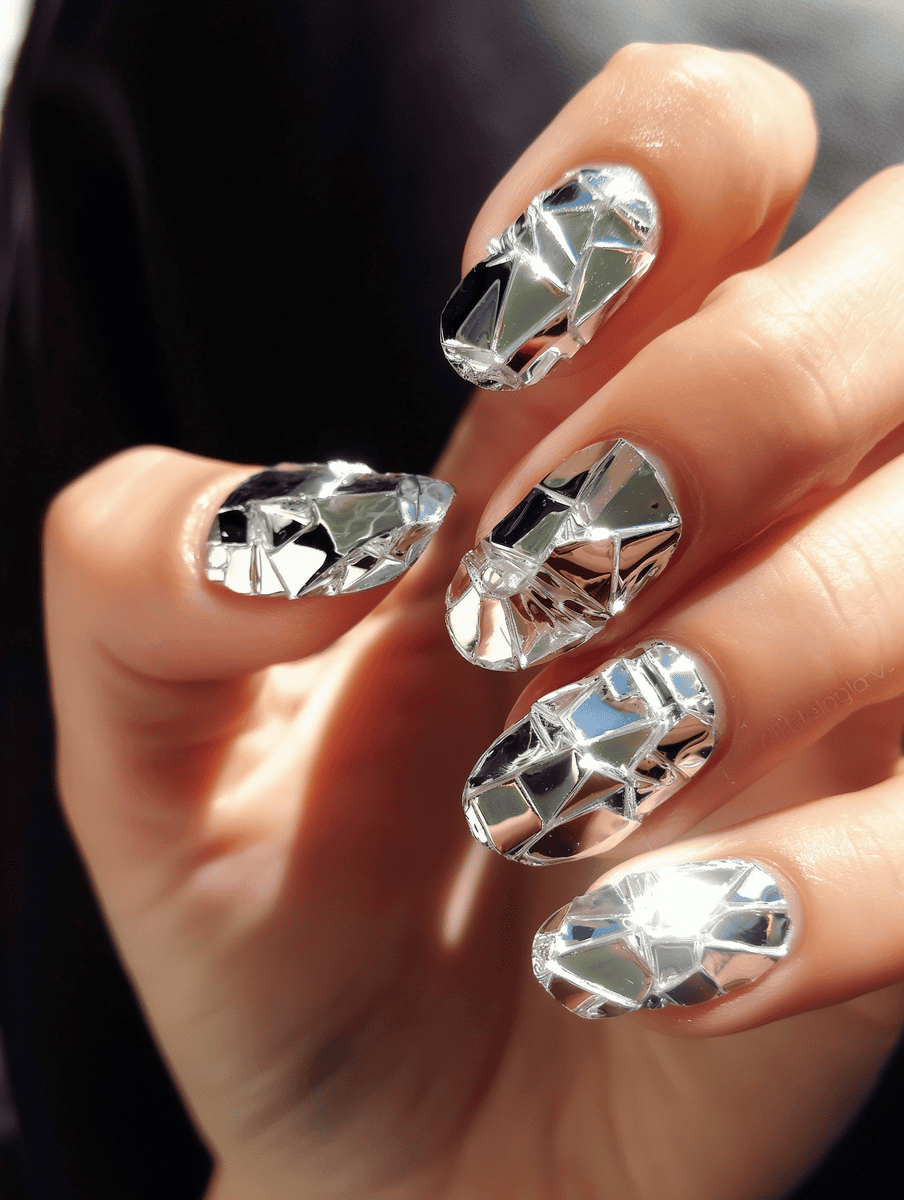 Shattered glass nail design with clear base and silver glass pieces