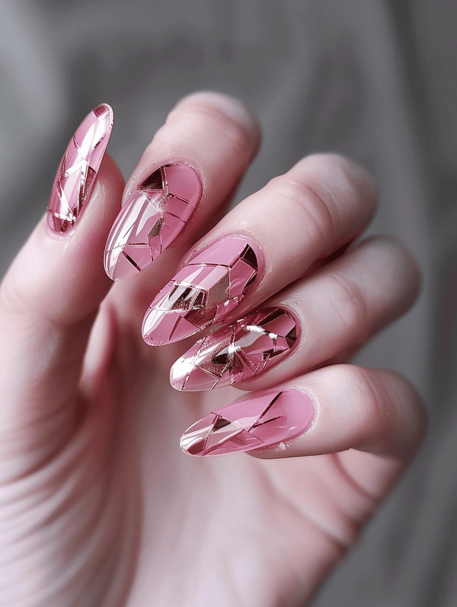 Shattered glass nail design with pink jelly and rose gold glass pieces