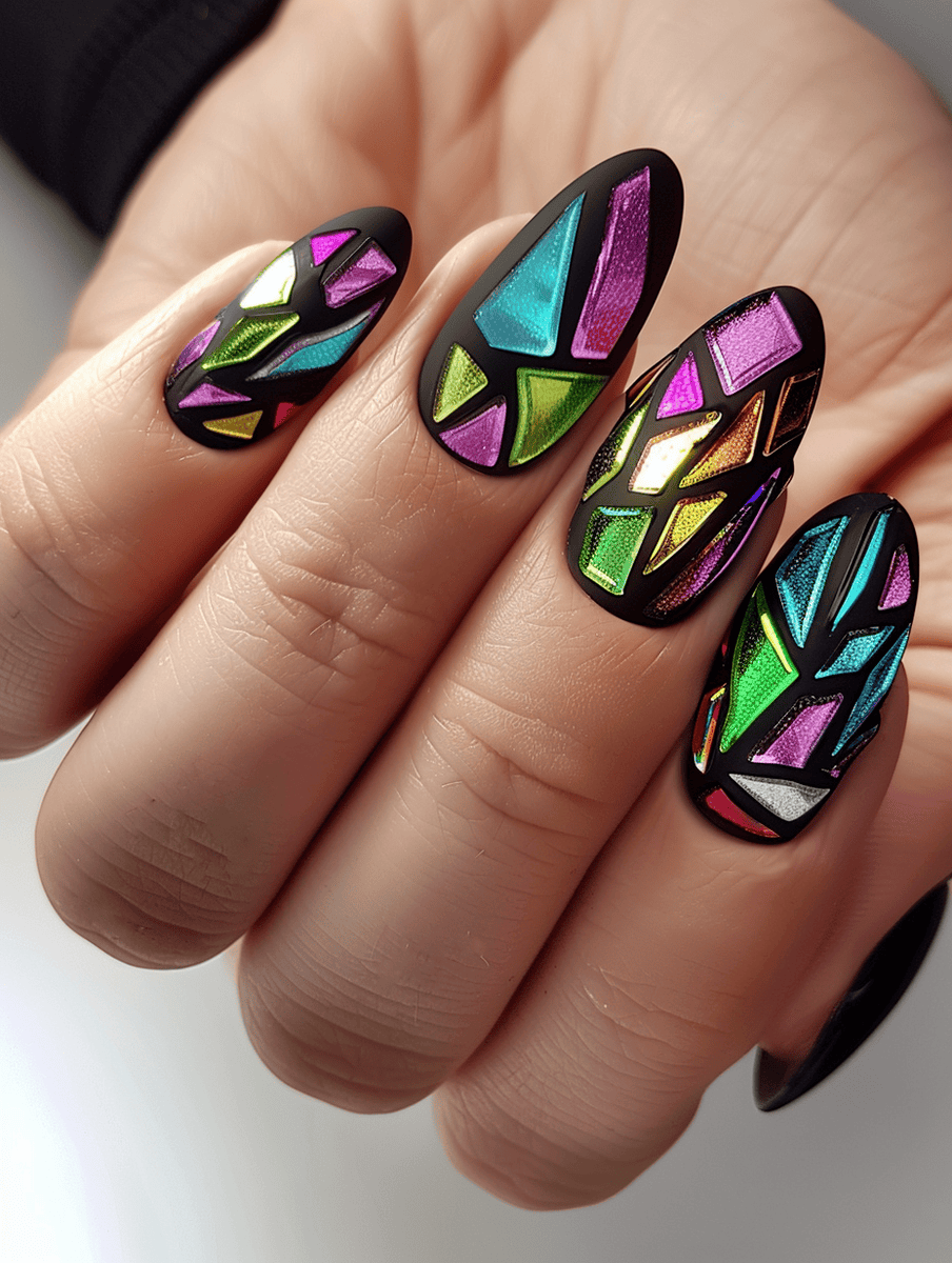 Shattered glass nail design with black matte and multicolored glass pieces