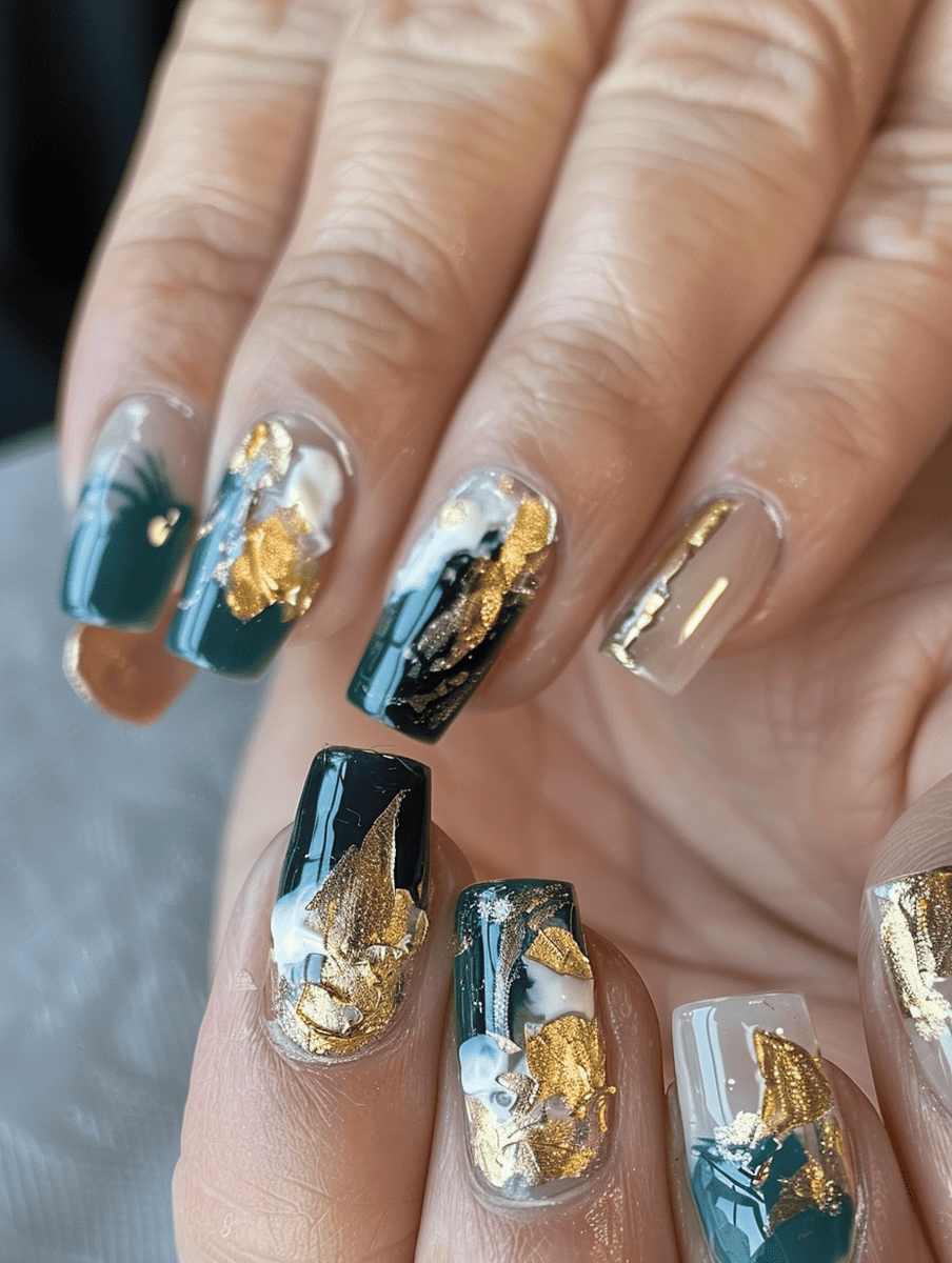 abstract nail art with layers of gold accents