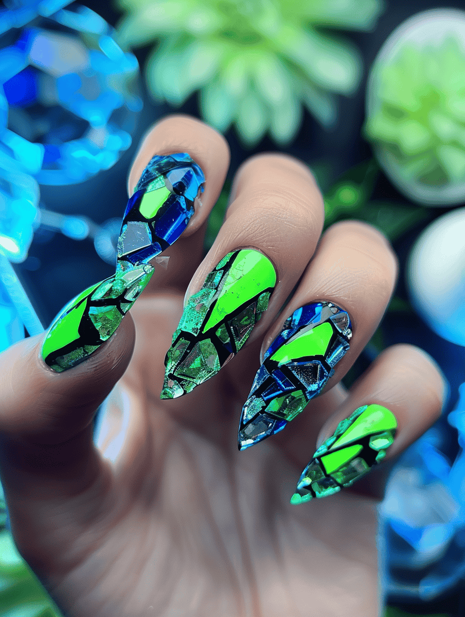 Shattered glass nail design with electric green, cobalt blue, and transparent shattered glass accents