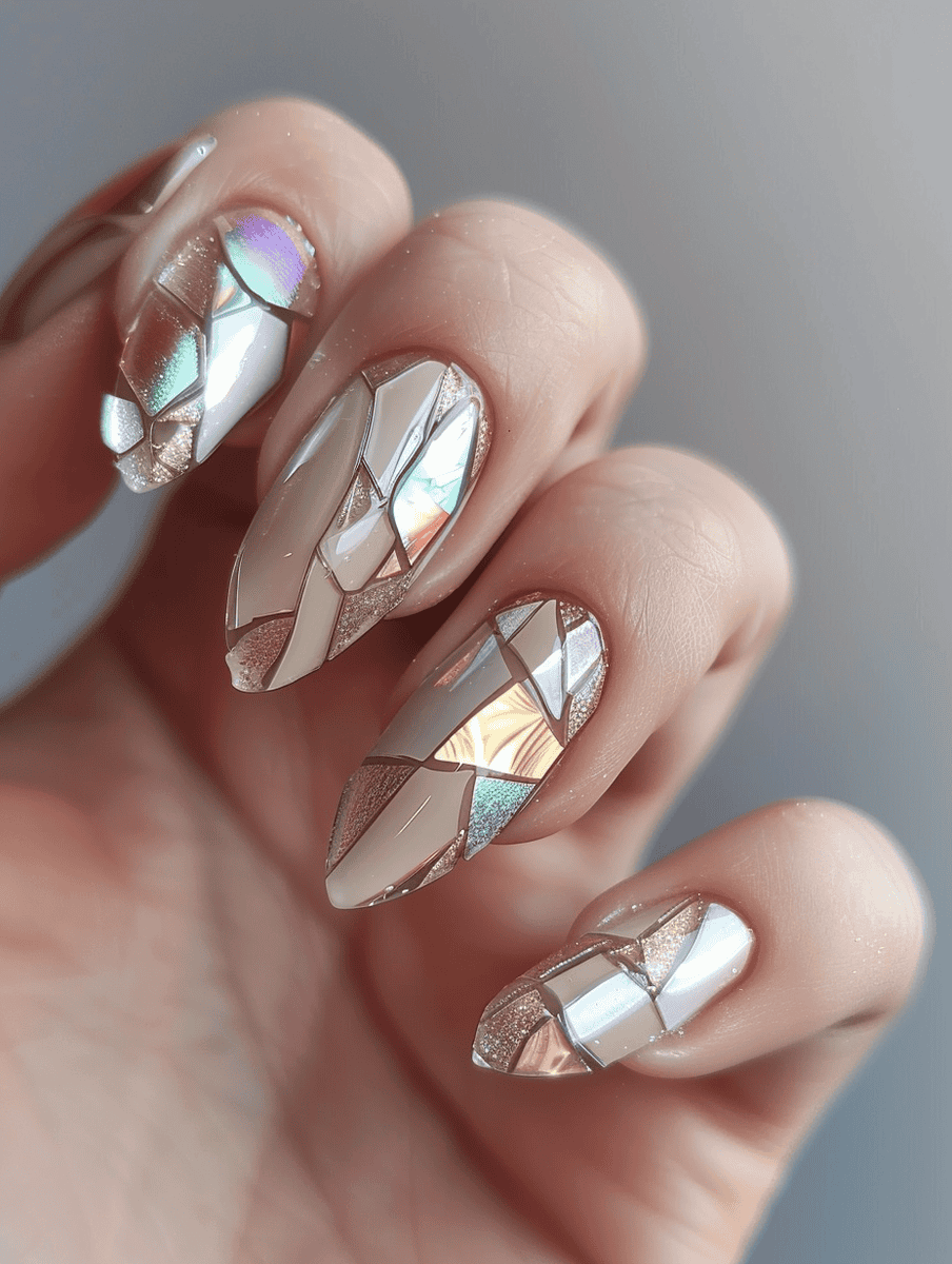 Shattered glass nail design with soft beige, shiny clear, and gold shattered glass pieces