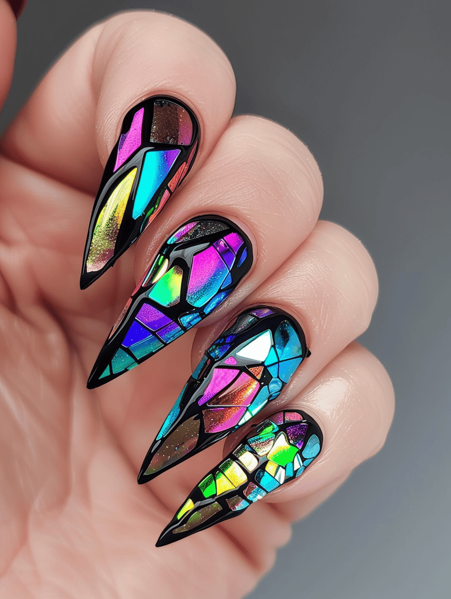 Shattered glass nail design with black base and neon-colored shattered glass pieces