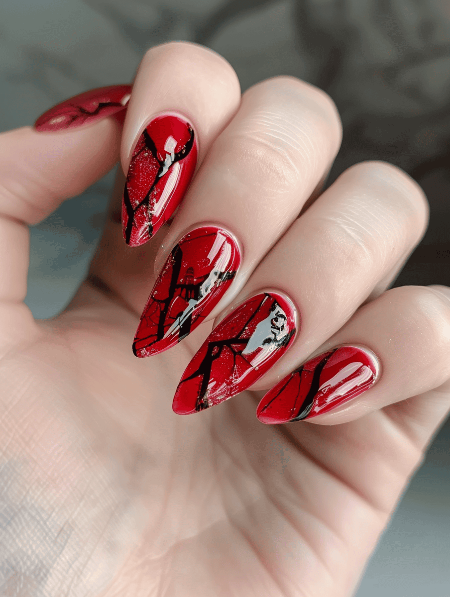 Shattered glass nail design with vibrant red and black shattered glass illusion