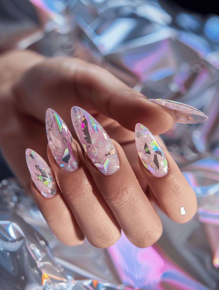 Shattered glass nail design with soft pink glitter base and silver shattered glass highlights